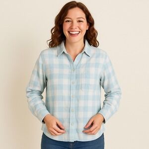 Old Ranch Plaid Flannel Cabincore Cottagecore Cotton XL Shirt Long‎ Blue White
